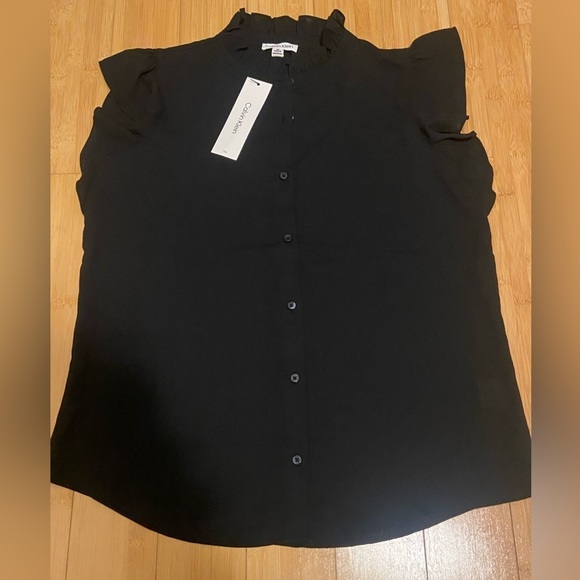 Calvin Klein Tops - Calvin Klein Women's Flutter Sleeve Lightweight Black Button-Down Shirt